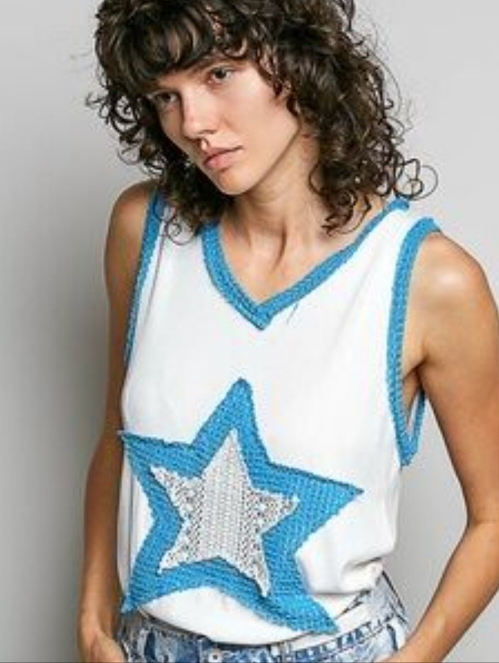 POL White Tank Top with Blue Star Trim